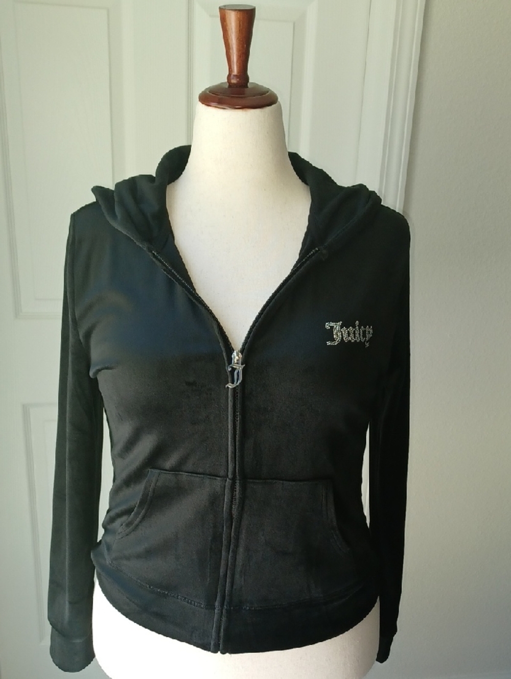Juicy Couture Black Velour Rhinestone Logo Hoodie Large